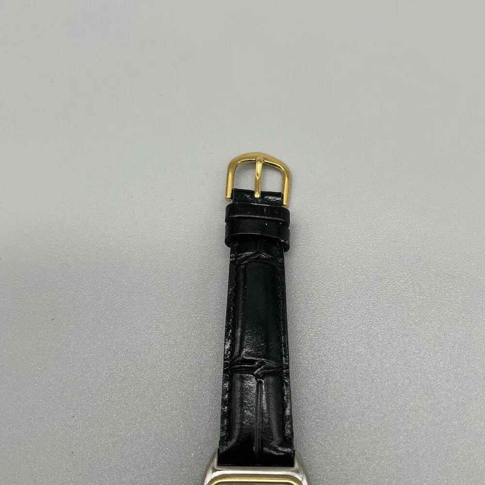 Golf Women Watch 21mm Silver Dial Black Leather Two Tone Rectangular New Battery